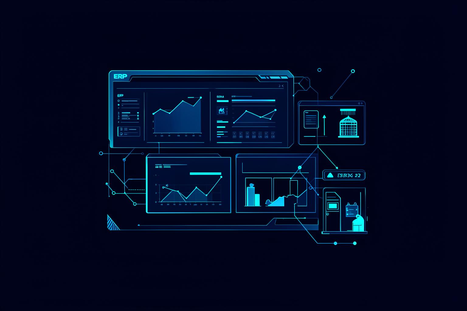 Dashboard de ERP com gráficos de vendas, estoque e controle financeiro